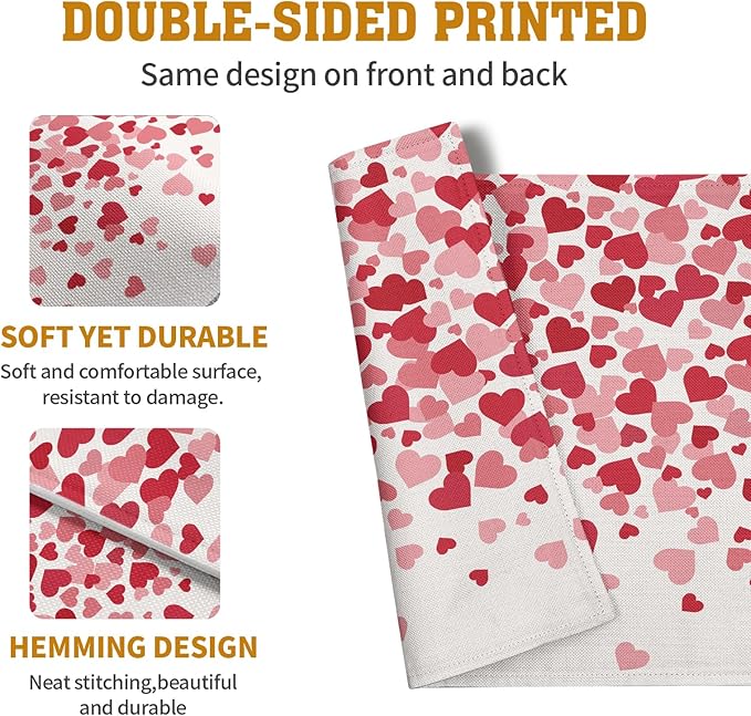 Valentine's Day Pink Love Heart Placemats Set of 4 Valentine Dining Place Mat Heat Resistant Washable Wedding Anniversary Rectangle Table Mat for Outdoor Kitchen Home Party 12x18 Inch