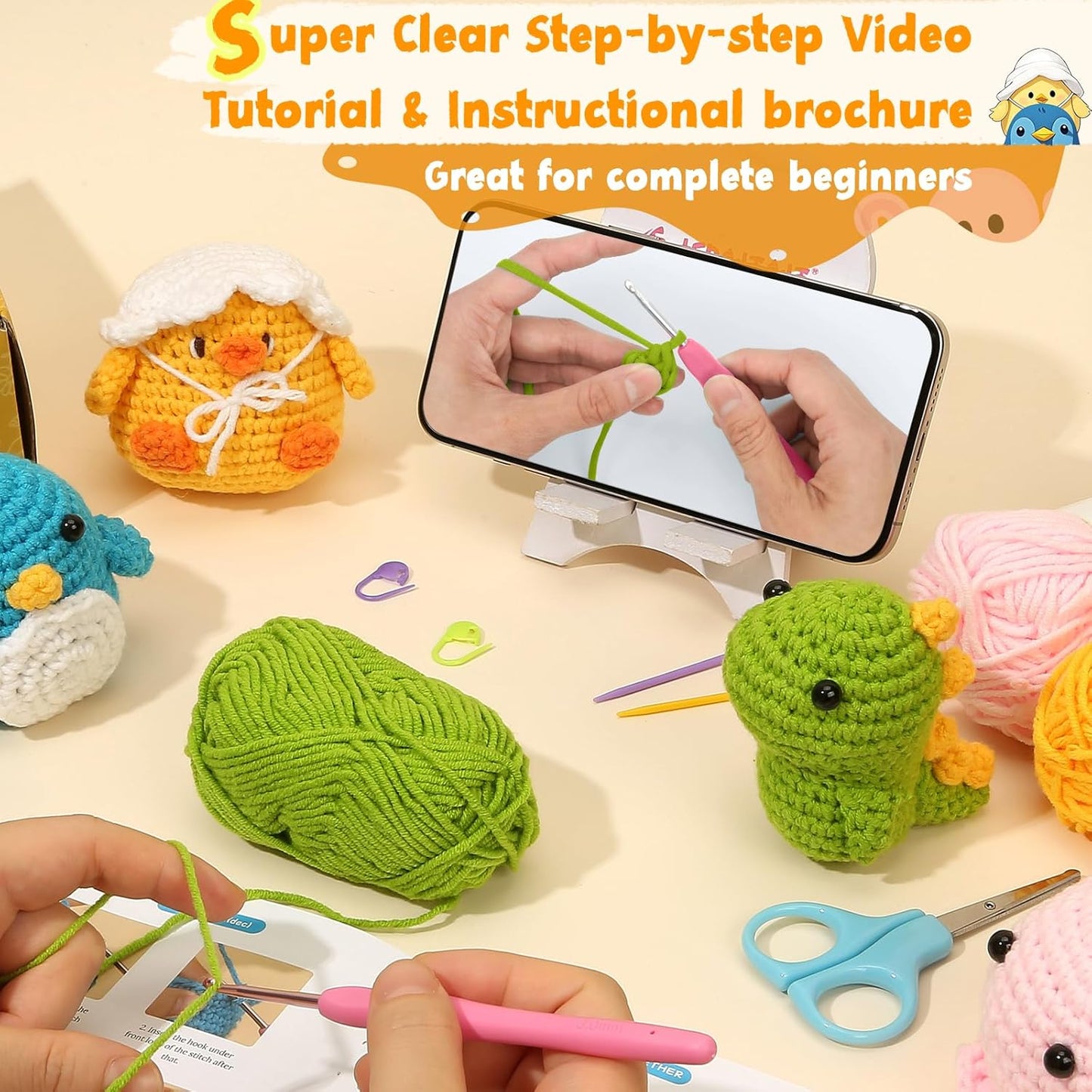 Crochet Kits for Beginners, Beginner Starter Sets with Step-by-Step Video Tutorials - Ideal Gift for Adults, Kids, Crochet Lovers, Ideal Gift for Birthday, Christmas, 4 Cute Patterns with Extra Yarn