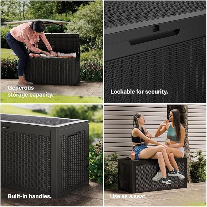270 Gallon Resin Deck Box, Waterproof Outdoor Storage Box for Patio Furniture Cushions, Garden Tools, and Pool Accessories, Large Lockable UV-Resistant Storage Bin Bench Cabinet for Outside, Black