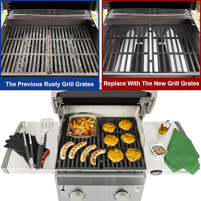GasSaf 17.5 Grill Grates for Weber 7637 Spirit 200 E210 E220 S210 S220, GS4 Spirit II E-210 (Front-Knob), Cooking Grates Replacement Parts for Weber 2 Burner Gas Grills, 17.5 x 10.2 Cast Iron, 2-Pack