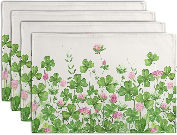 Shamrocks St. Patrick's Day Placemats Set of 4 Watercolor Lucky Clovers St Patrick's Day Table Mats Seasonal Spring Green Leaves Linen Place Mats for Party Kitchen Dining Outdoor Indoor Decor