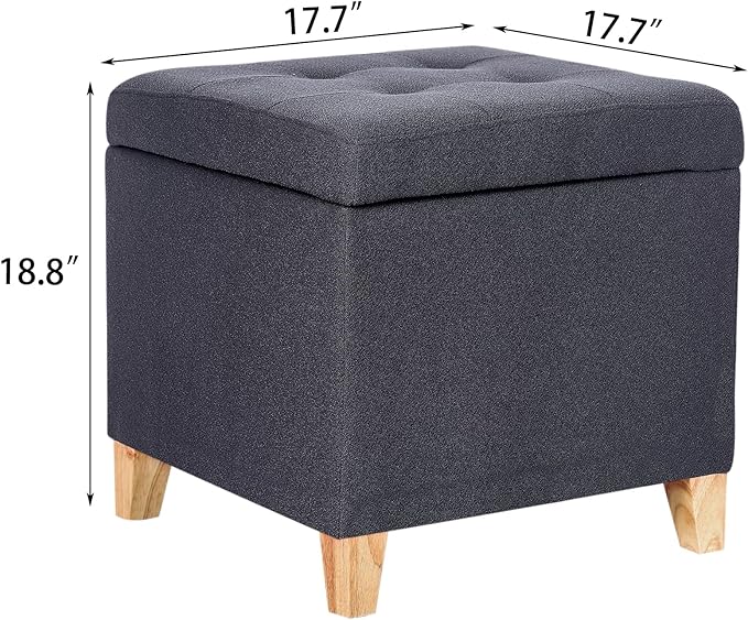 Homebeez Tufted Grainy Linen Fabric Storage Ottoman Square Cube Foot Rest Stool with Flip Top (Dark Gray)