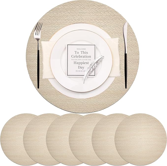 PIGCHCY Round 15" Water-Resistant Placemats Set of 6, Premium Faux Leather Placemats PVC Easy Clean Table Mats for Hotels Outdoor Dining, Wedding Decor (Cream)