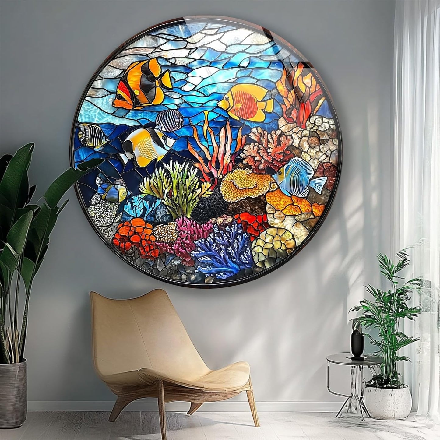 My Photostation.com 20''(50cm) Diameter Coral Reef Mosaic Round Glass Wall Art Tempered Glass Printing Wall Decor Large Wall Art Wall Hangings