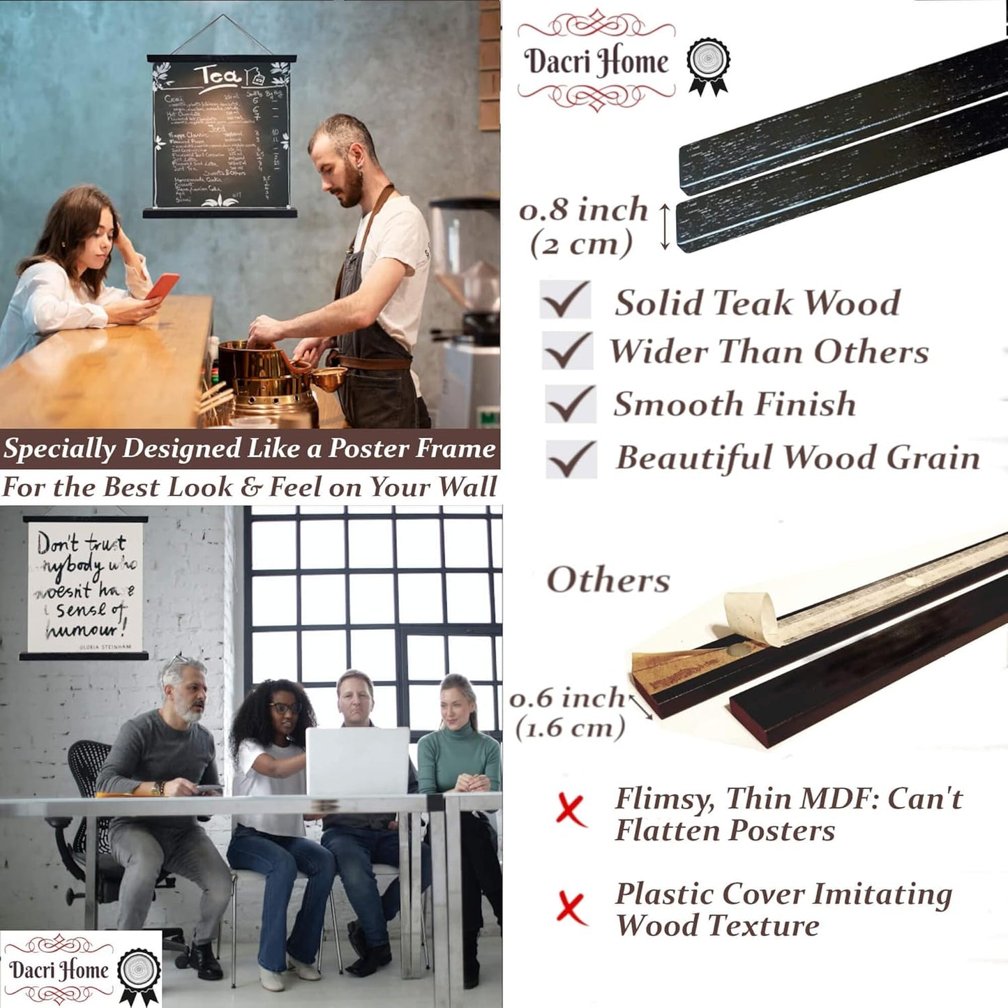 DACRI HOME 18" Magnetic Poster Hanger Frame - Teak Wood Poster Frame, Strong Magnets for Safe Hanging Picture Print Map Scroll Wall Art 18x24 18x36 (18 inch/45 cm, Black)