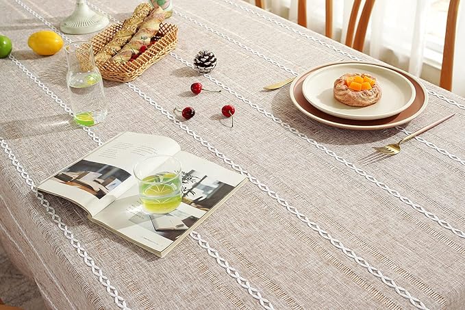 Chassic 60 x 60 inches Farmhouse Style Linen tablecloths, Wrinkle Resistant Washable Dining Room Table Cloths for Square Tables - Hemstitch Light Coffee