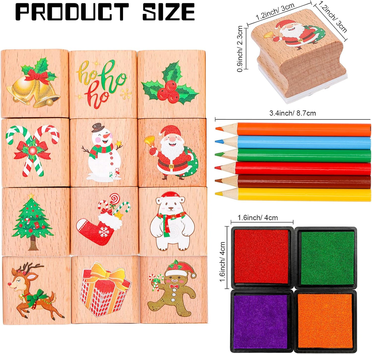 Christmas Stamps Set, Wooden Rubber Stamp with Ink Pad Colored Pencil, Holiday Square Craft Stamp for Stamping Scrapbooking Crafting Booking Card Making Stocking Filler,Christmas Favor Gift