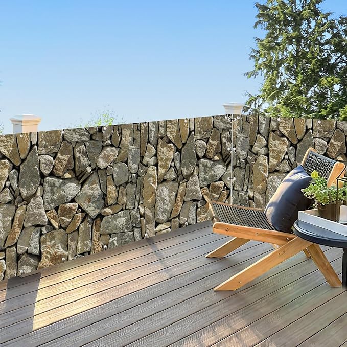 UPGRADE 4'x47'Customized PVC Privacy Fence Screen with Stone Wall Print – Outdoor Waterproof Patio Privacy Cover for Yard, Balcony, Garden Fence Decoration
