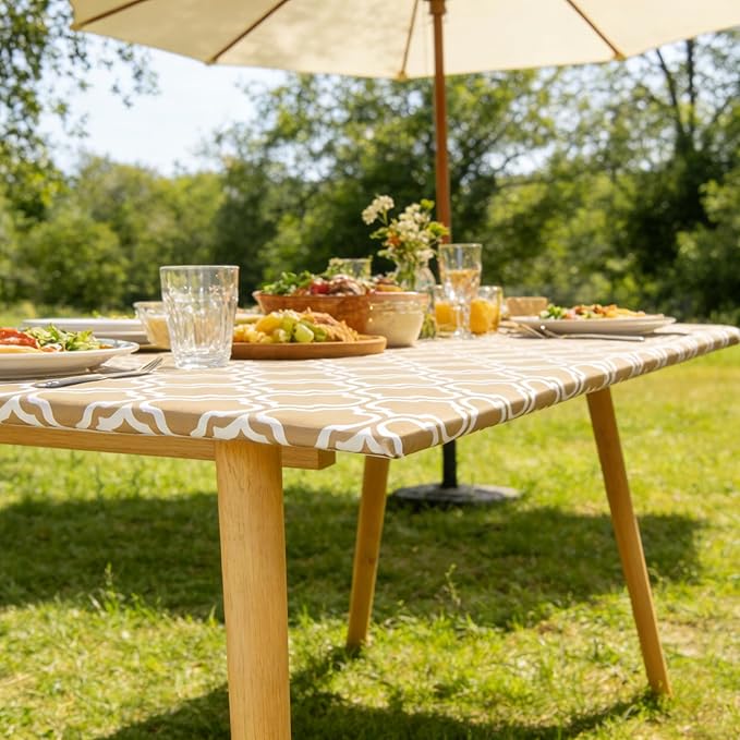 Rectangle Picnic Table Cloth, Elastic Waterproof Fitted Vinyl Tablecloths for 4 Foot Tables, Wipeable Flannel Backed Table Covers for Dining, Camping, Outdoor(Khaki,24"x48")