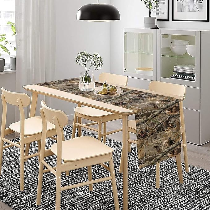 Forest Camouflage Table Runner, Camo Rustic Wildlife Animal Hunting Deer Elk Bird Bear Table Runner for Party Kitchen Dining Banquet 13x120in