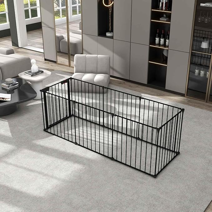 8-Panel Configurable Metal Safety Gate Play Yard - 200" Adjustable Pet Fence with Walk-Through Door for Stairs, Fireplace, Christmas Tree - Indoor Foldable Child Barrier, Black