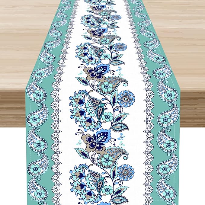 Paisley Table Runner, Vintage Teal Damask Floral Flower Boho Antique Damask Swirled Pattern Rustic Coffee Table Center Decor for Family Kitchen and Living Room Outdoor Table Decorations, 13"x36"