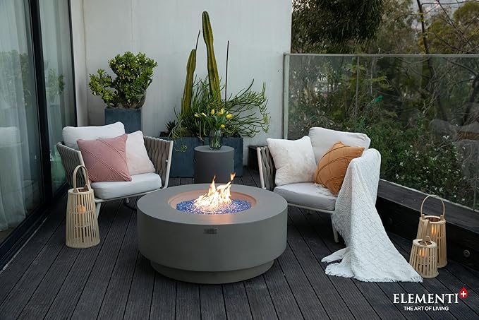 Elementi+ | Bundle Colosseo Gas Fire Pit Cast Concrete 40" Dia. Round Fire Table, Outdoor Fire Pit Electronic Ignition | Canvas Cover, Fire Glass and Burner Lid Included | Light Gray | Natural Gas