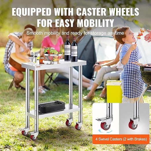 VEVOR Stainless Steel Work Table 30 x 12 x 34 Inch, 700 LBS Load Capacity with 4 Wheels, 3 Adjustable Height Levels, Heavy Duty Food Prep Worktable for Commercial Kitchen Restaurant, Silver