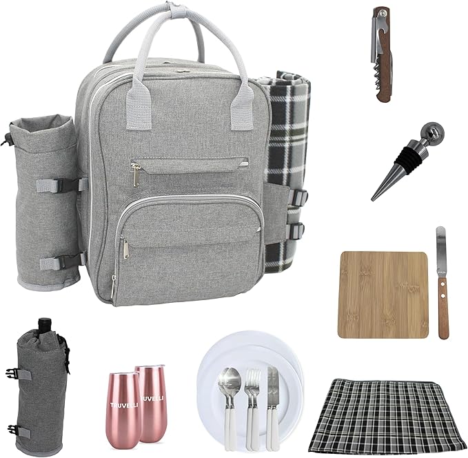 Truvelli Picnic Backpack for 2 with Blanket – 12-in-1 Insulated Picnic Basket Backpack Set with‬ Wine Holder, Cutlery & Cheese Board – Luxury Picnic Back Pack for Couples, Outdoor‬ Adventures, Gray