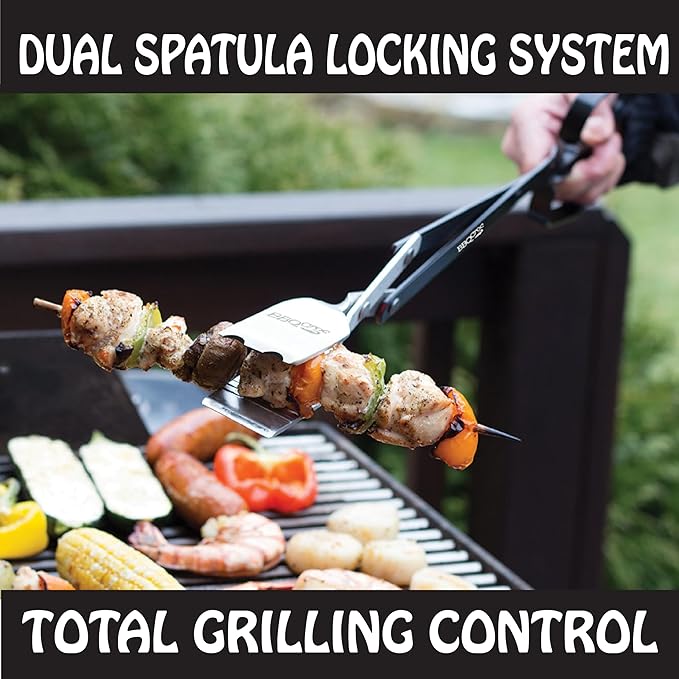 3-in-1 Barbecue Tool 21-inch by BBQ Croc - Extra Light and Xtra Long Tongs, Spatula and Grill Scraper (Black)