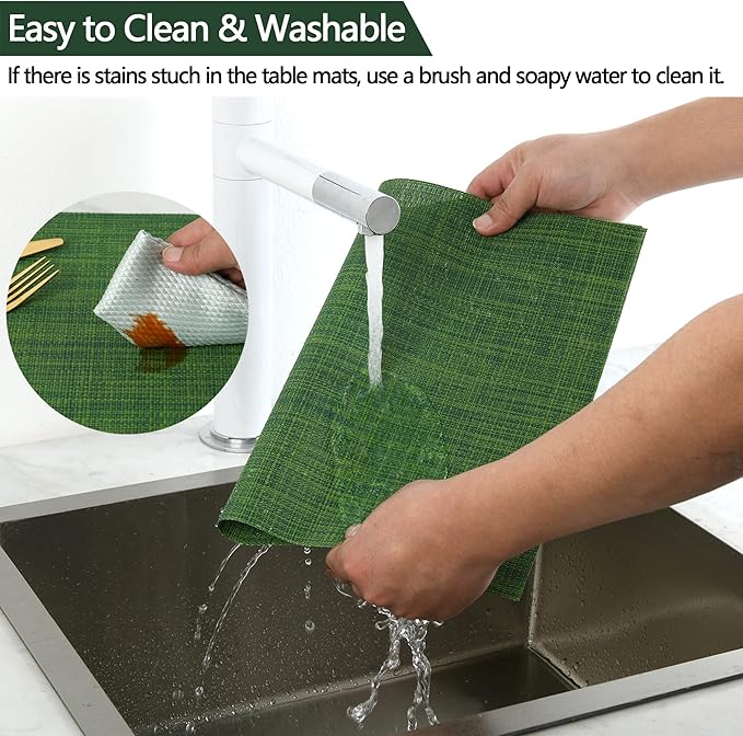 SLKQG Green Christmas Placemats Set of 4 - Wipe Clean Vinyl Placemats - Washable Heat Resistant PVC Placemats for Dining Table - 17x12 Inch (Green, 4)