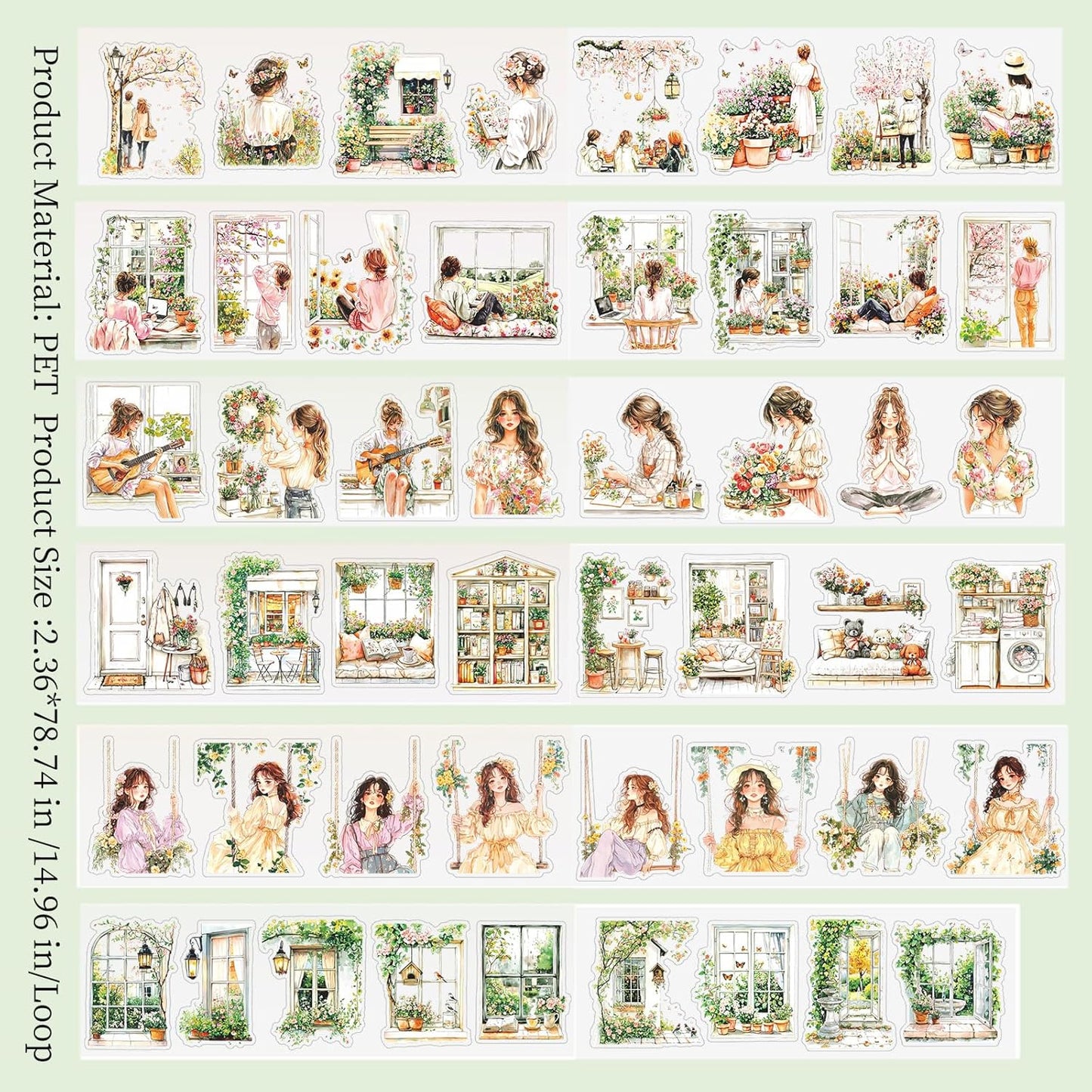 PET Tape Stickers for Junk Journal,6 Rolls Garden Stickers for Journaling Supplies,Pre-Cut Washi PET Tapes for Scrapbook Supplies, DIY Craft,Planner (Spring)