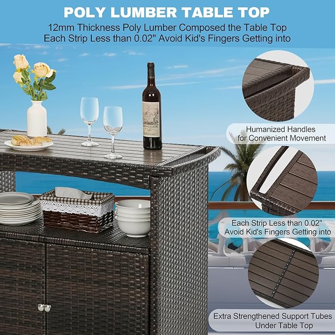 Outdoor Bar Cart with Storage Cabinet Patio Wicker Sideboard Buffet Cabinet Prep Table Outside Kitchen Serving Cart with Rolling Wheels & Handle Rattan Portable Bar Table with Shelves Doors Brown