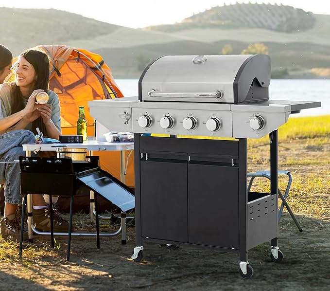 Endark 4-Burner Propane BBQ Grill 46,500 BTU with Side Burner, Stainless Steel Gas Grill, Enameled Cast Iron Grates & Foldable Side Tables for Outdoor Backyard, Patio Cooking