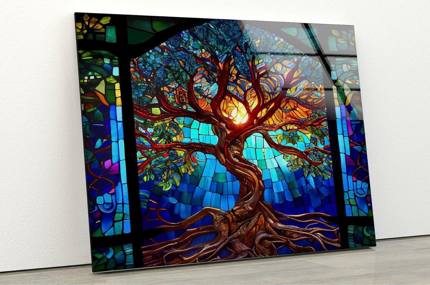 My Photostation.com 60WX40H'' Stained Blue Life of Tree Glass Wall ArtTempered Glass Printing Wall Decor Large Wall Art Wall Hangings
