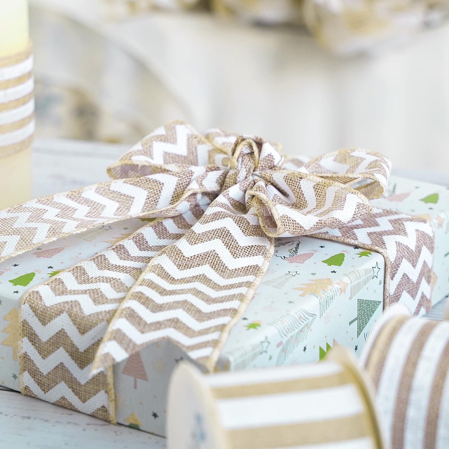 MEEDEE Burlap Ribbon with White Chevron Pattern - 2.5 Inch Wired Ribbon for Cakes, Wreaths, Rustic Decor, Baby Showers, Beach Parties, Farmhouse Gifts - 10 Yards