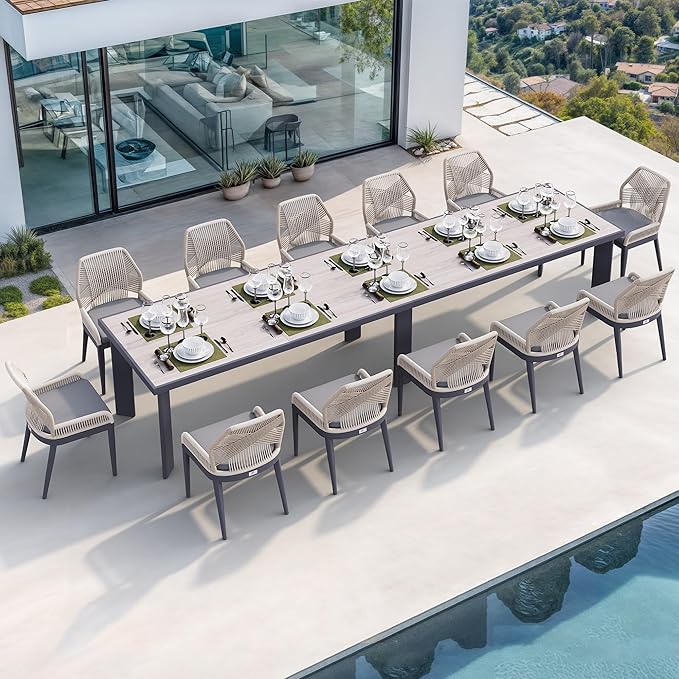 PURPLE LEAF 13 Pieces Patio Dining Set Aluminum Rectangular Table and Wicker Chairs with Cushions for Kitchen Porch Garden Modern Outdoor Furniture Sets, Beige and Dark Grey