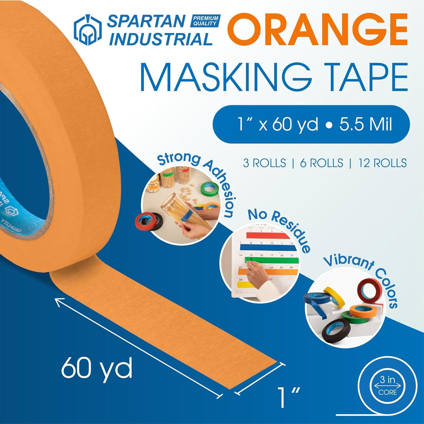 Spartan Industrial - 1" X 60 yd Orange Masking Tape - 12 Colored Tape Rolls for Bundling, Labeling, and More - No Residue, 5.5 Mil
