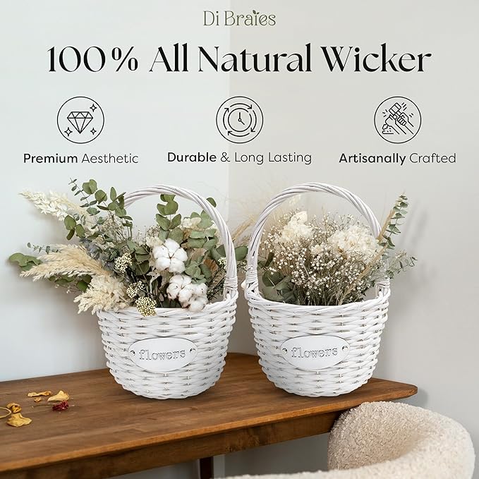 Flower Girl Basket (Set of 2) | Handcrafted Natural Wicker Flower Baskets for Flower Girl - Premium Wedding Basket with Water Resistant Liner - Perfect for Weddings, Parties & Home Décor