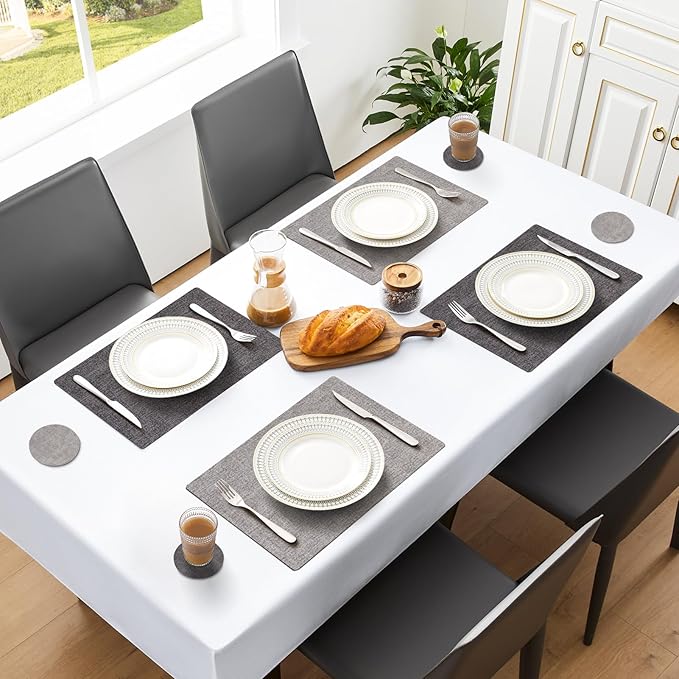 MOSAYT Faux Leather Placemats Set of 6, Heat Resistant Wipeable Washable Vinyl Place Mats with Coasters, Waterproof Oil Proof Table Mats for Kitchen Dining Party Outdoor, 12" x 17", Dark Light Grey