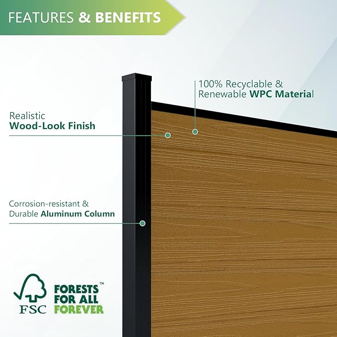 Mondaria Fence Privacy Screen with 8ft In-ground Posts, 6ft(H) x 6ft(W) Wood Plastic Composite Fence Panels Weather-Resistant Outdoor Fence for Backyard/Garden (Yellow Teak, 2 Posts)