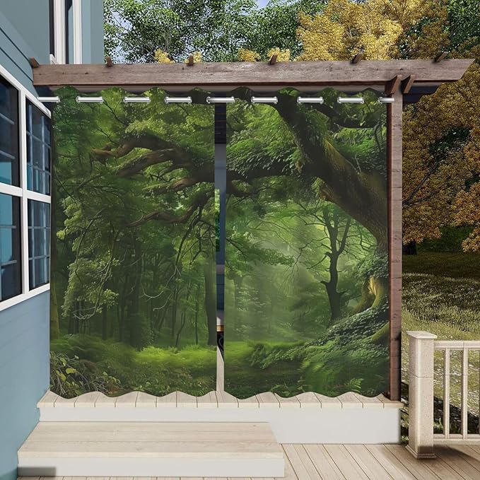 Nature Theme Outdoor Curtains for Patio Waterproof,Forest Pattern,Privacy Curtains for Porch Pergola Arbor Lanai Pool House Outside Deck,Set of 2 Panels,W54 x L108,Green