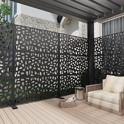 Casaphoria 72" H x 47" W Metal Outdoor Privacy Screen, Freestanding Decorative Divider for Patio, Deck, Balcony, and Garden with Stable Base, Black-Dean