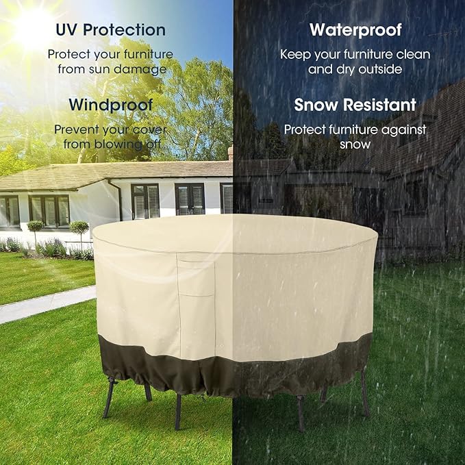 SunPatio Waterproof Outdoor Furniture Covers for Table Chairs Set, UV Resistant Anti-Fading Patio Table Cover, Beige and Olive, Round 72" Dia