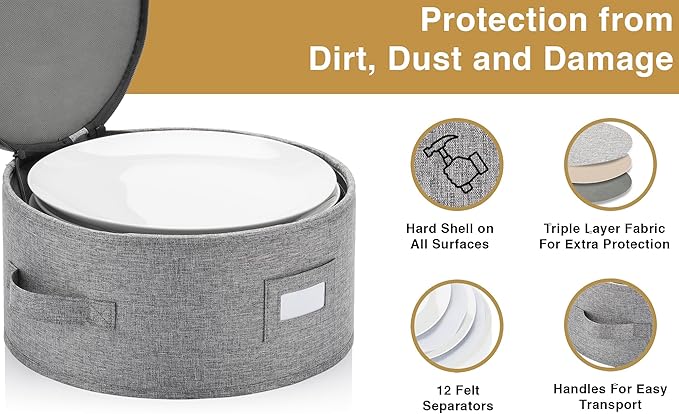 China Storage Case for Bowls or Dessert Plates - Fit plates up to 8" W - Includes 12 Felt Dividers - Hard Shell and Stackable with Fully Padded Interior