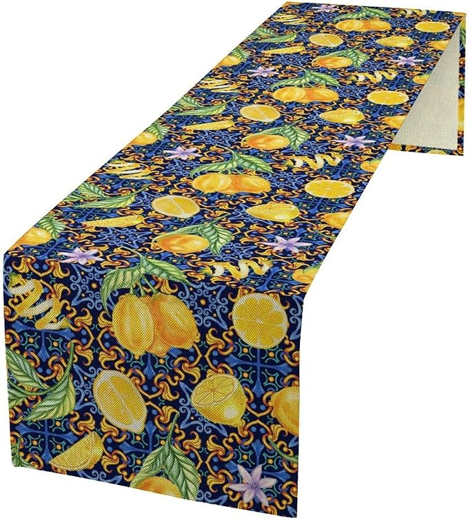 Yellow Lemon Table Runner Vintage Retro Summer Fruit Blue White Floral Printed Dining Table Decoration for Home Holiday Party Dresser Kitchen Cabin Restaurant Wedding Decor 13×108in