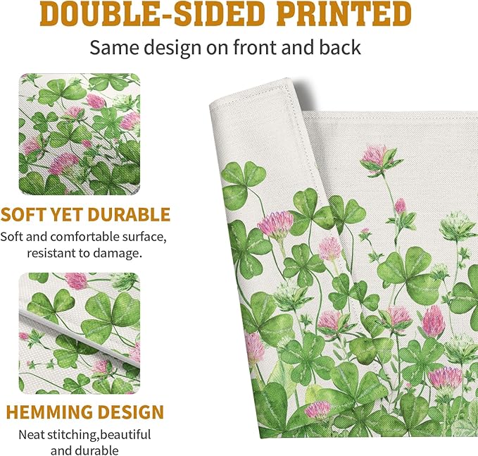 Shamrocks St. Patrick's Day Placemats Set of 4 Watercolor Lucky Clovers St Patrick's Day Table Mats Seasonal Spring Green Leaves Linen Place Mats for Party Kitchen Dining Outdoor Indoor Decor