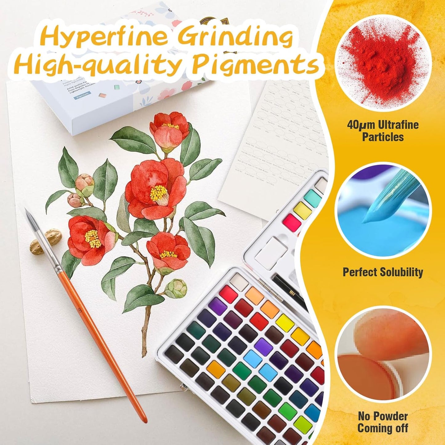 Caliart Metallic Watercolor Paints, 50 Colors Glitter Watercolors Set with 1 Brush, Portable Travel Painting Kit Gifts for Adults Artists Beginners Painters Art Supplies