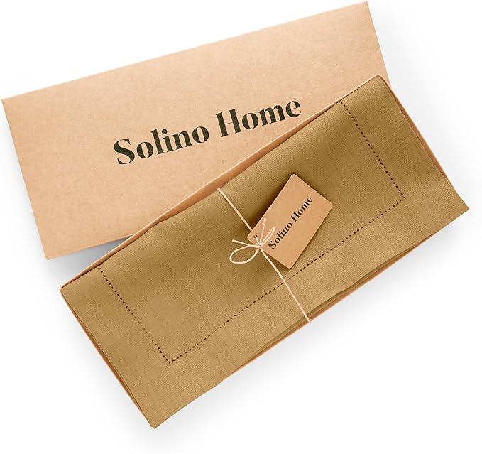 Solino Home Linen Camel Hemstitch Table Runner 48 Inches - 100% Pure Linen Small Table Runner 14 x 48 Inch Ideal for Dresser and Coffee Tables - Medium Weight