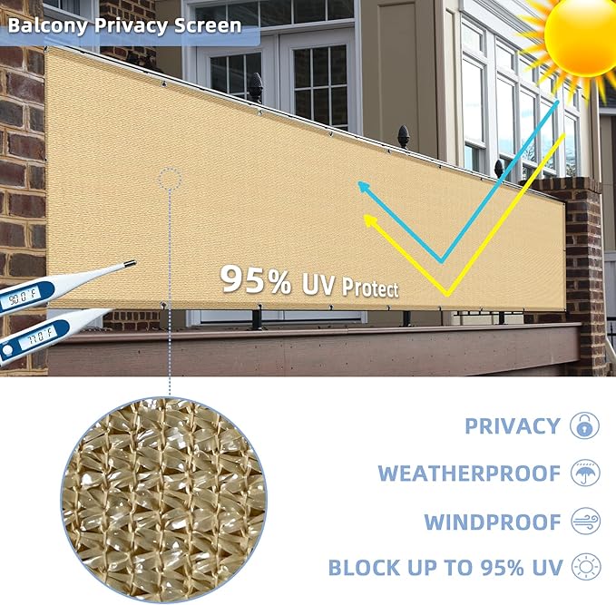 3'x10'Balcony Privacy Screen Cover Fence Cover UV Protection Weatherproof Windscreen Heavy Duty for Patio, Backyard,Sand