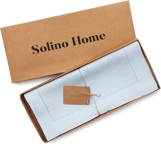Solino Home Linen Light Blue Table Runner 144 Inches Long - 100% Pure Linen Extra Long Table Runner 14 x 144 Inch for Winter, Spring, Easter - Classic Hemstitch