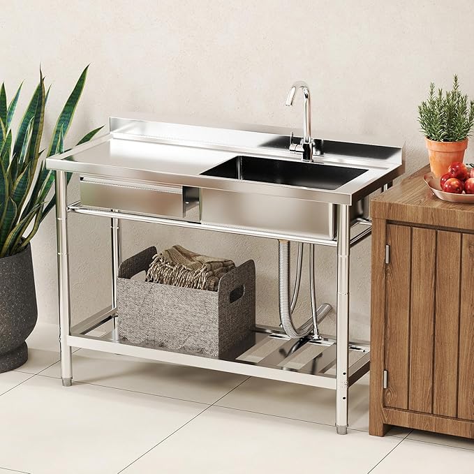 Stainless Steel Utility Sink, 47.2'' Free Standing Single Bowl Kitchen Sink with Cold and Hot Water Pipe, Left Drawer, Indoor and Outdoor for Laundry Room Farmhouse Kitchen(47.2 inch)