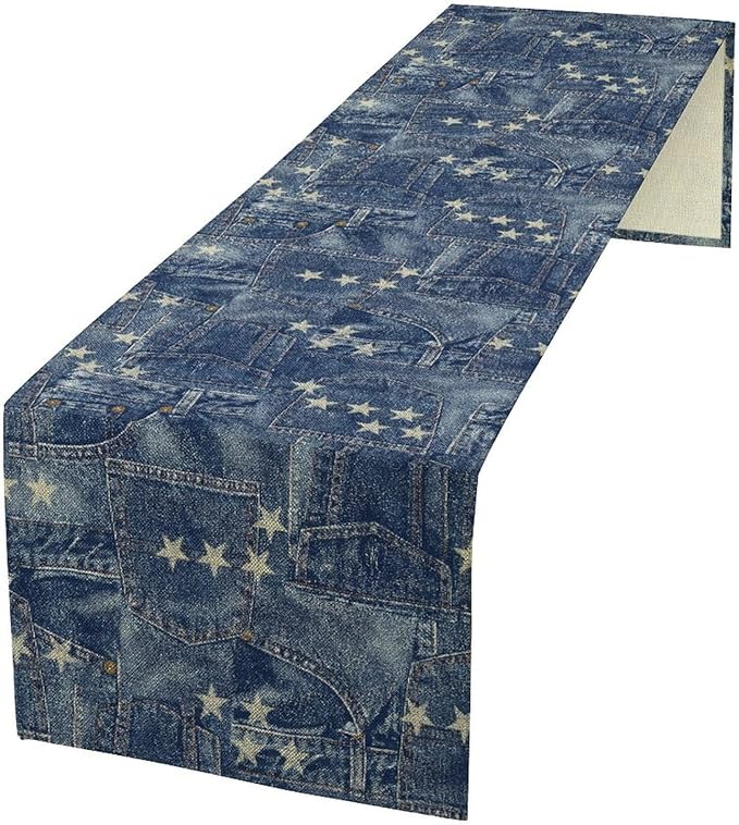Patchwork Table Runner, Vintage Romance Jeans Pentagram Splicing Print Table Runner for Kitchen Dining Picnic Coffee Home 13x90in