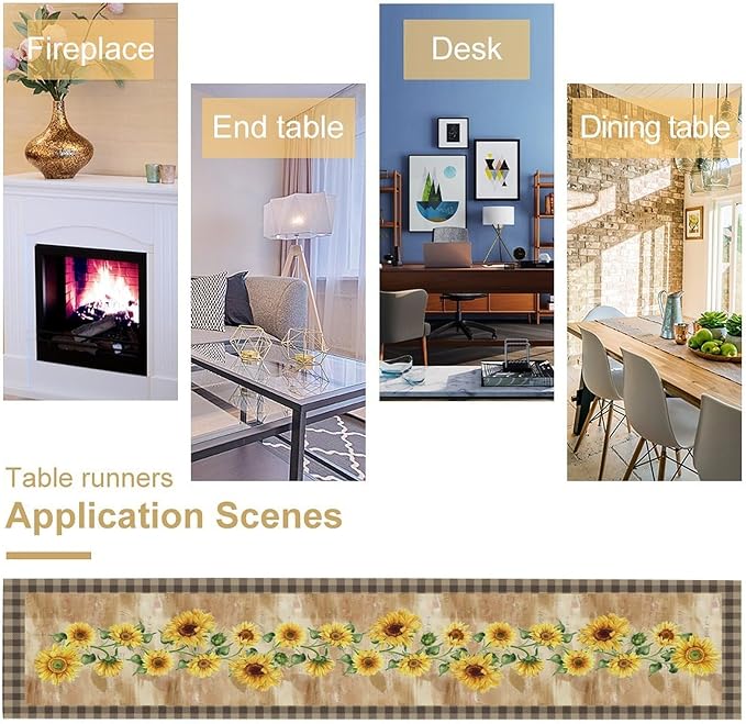 Yellow Sunflower Table Runner, Spring Sunflower Seasonal Country Fall Retro Plant Table Runners for Kitchen Farmhouse Dining Coffee Party 13x90in