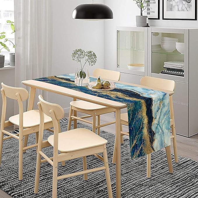Marble Table Runner, Blue Texture Abstract Art Print Table Runner for Indoor Home Living Room Party Dining Kitchen 13x70in