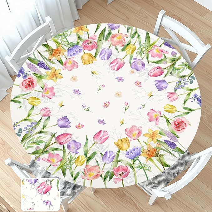 Spring Summer Easter Round Fitted Tablecloth with Elastic Edge Tulip Lavender Floral Circle Table Cloth for 44-48" Tables Wipeable Waterproof Farmhouse Flowers Table Cover for Picnic Dining Outdoor