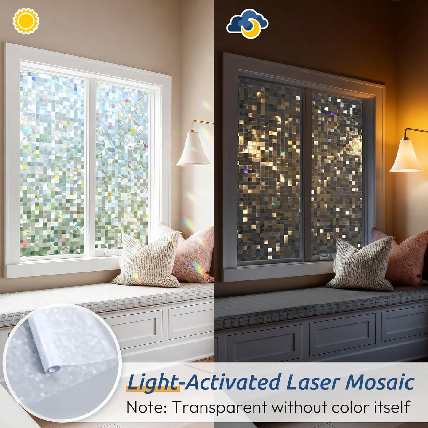 rabbitgoo Stained Glass Window Privacy Film Mosaic Pattern, Frosted Glass Window Film Rainbow Decorative Sticker, Static Cling UV Blocking Suncatcher for Home, 23.6 x 157.4 Inches