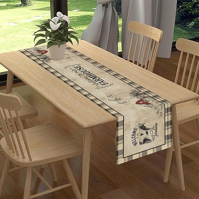 Farmhouse Table Runner, Rustic Country Barn Cottage Rooster Cow Check Animal Coffee Table Center Decor for Home Kitchen Dining Patio Holiday Party Indoor Outdoor Table Decorations 13"x108"