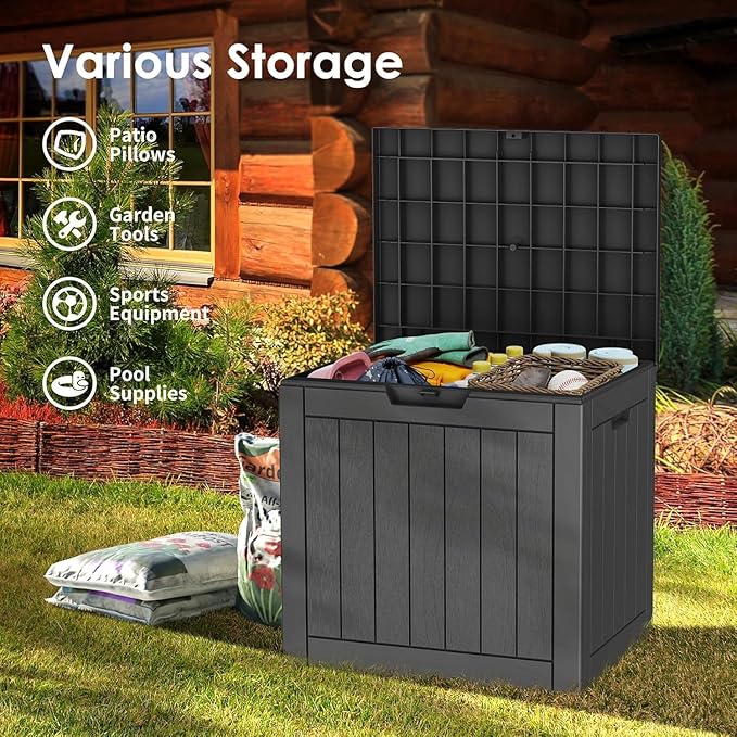 35 Gallon Resin Deck Box, Waterproof Outdoor Storage Box for Patio, Poolside, and Garden, Lockable UV-Resistant Storage Bin Bench Cabinet for Small Spaces, Black