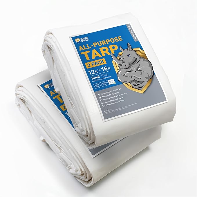 GUARD SHIELD Tarps Heavy Duty Waterproof 12x16 Feet White Poly Tarp Cover Outdoor Thick UV Resistant Tarpaulin with Grommets 10mil (2-Pack)
